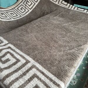 Vtg Biederlack Reversible Blanket Beige Brown Greek Key Border 91x92